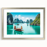 Textured art print of a Vietnamese landscape in muted green and brown hues on a framed silver mat.