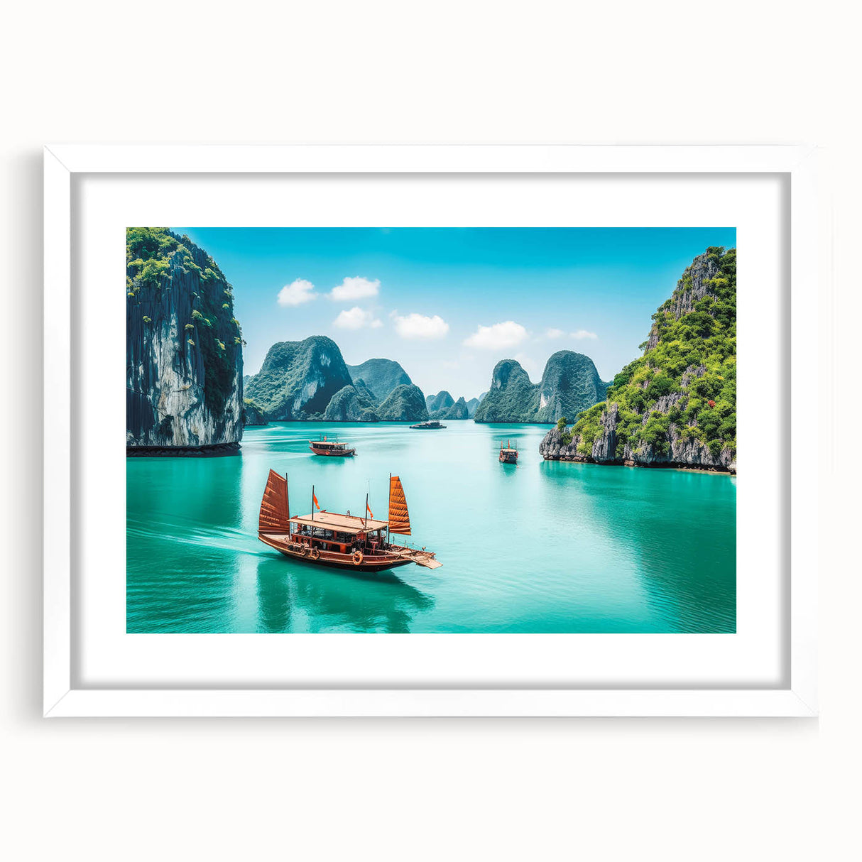 Abstract art print of a Vietnamese landscape in muted green and blue tones on a framed white mat.