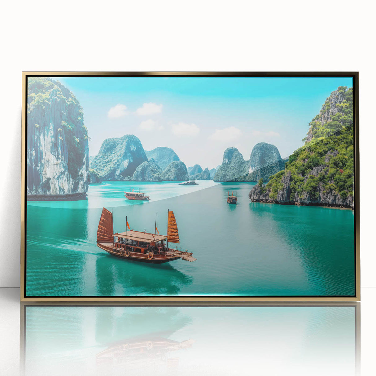 Mid-century modernist style large art print of a Vietnam scenery in gold and green tones on a framed acrylic.