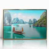 Mid-century modernist style large art print of a Vietnam scenery in gold and green tones on a framed acrylic.