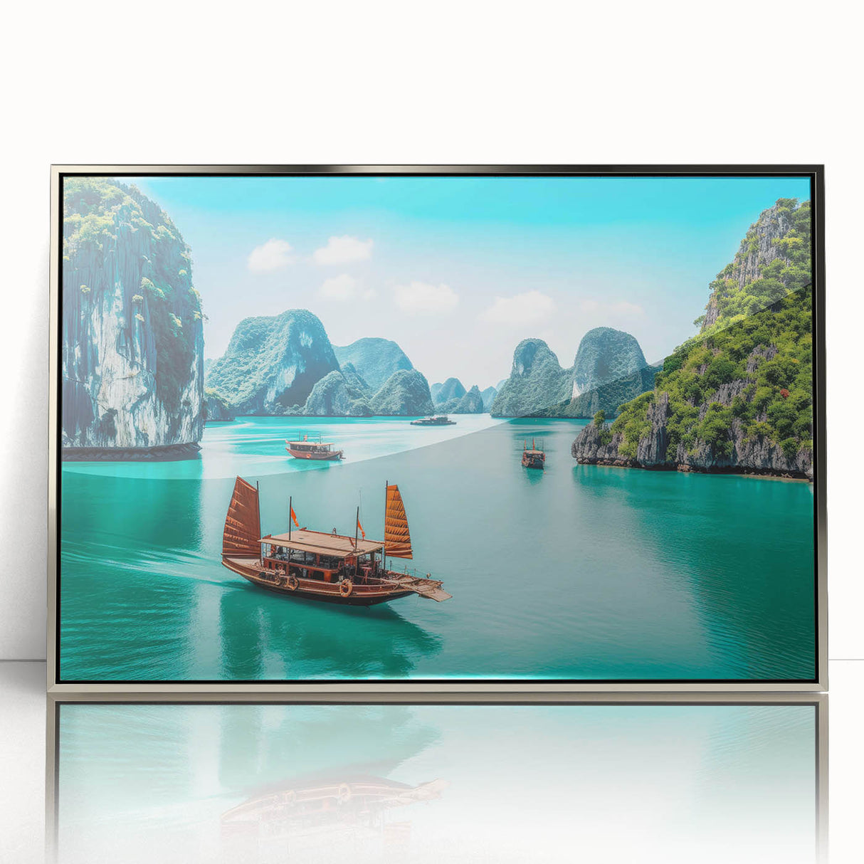 Mid-century modernist art depicting a Vietnamese landscape in muted earth tones on a silver-framed acrylic print.