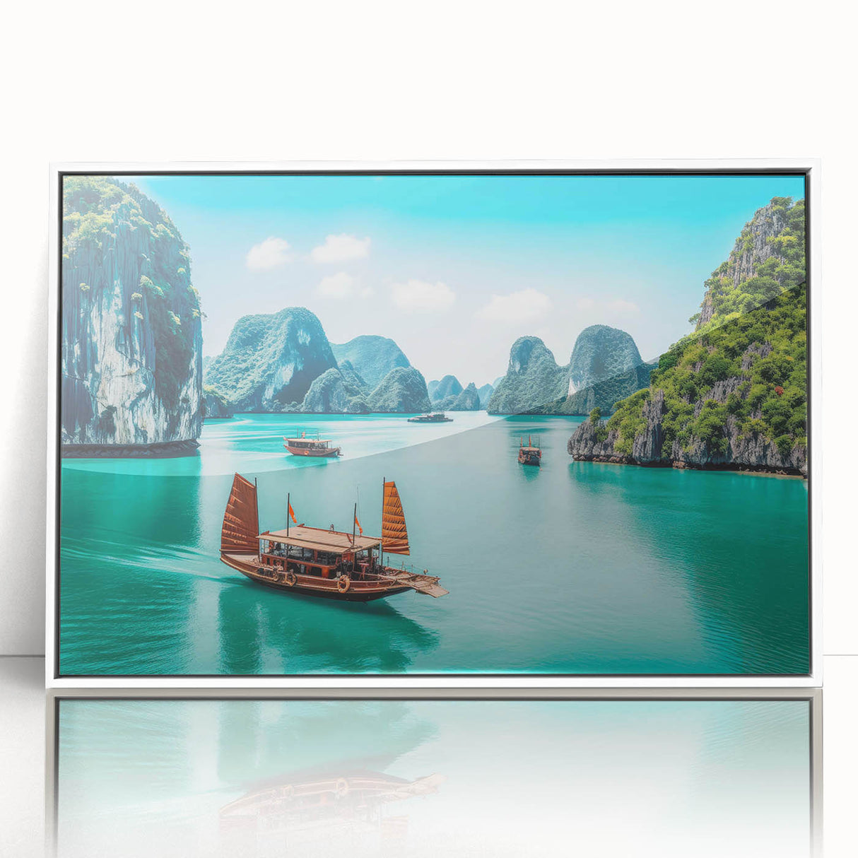 Acrylic print of a serene Vietnamese landscape in pastel hues, framed in white, suitable for modern nursery decor.