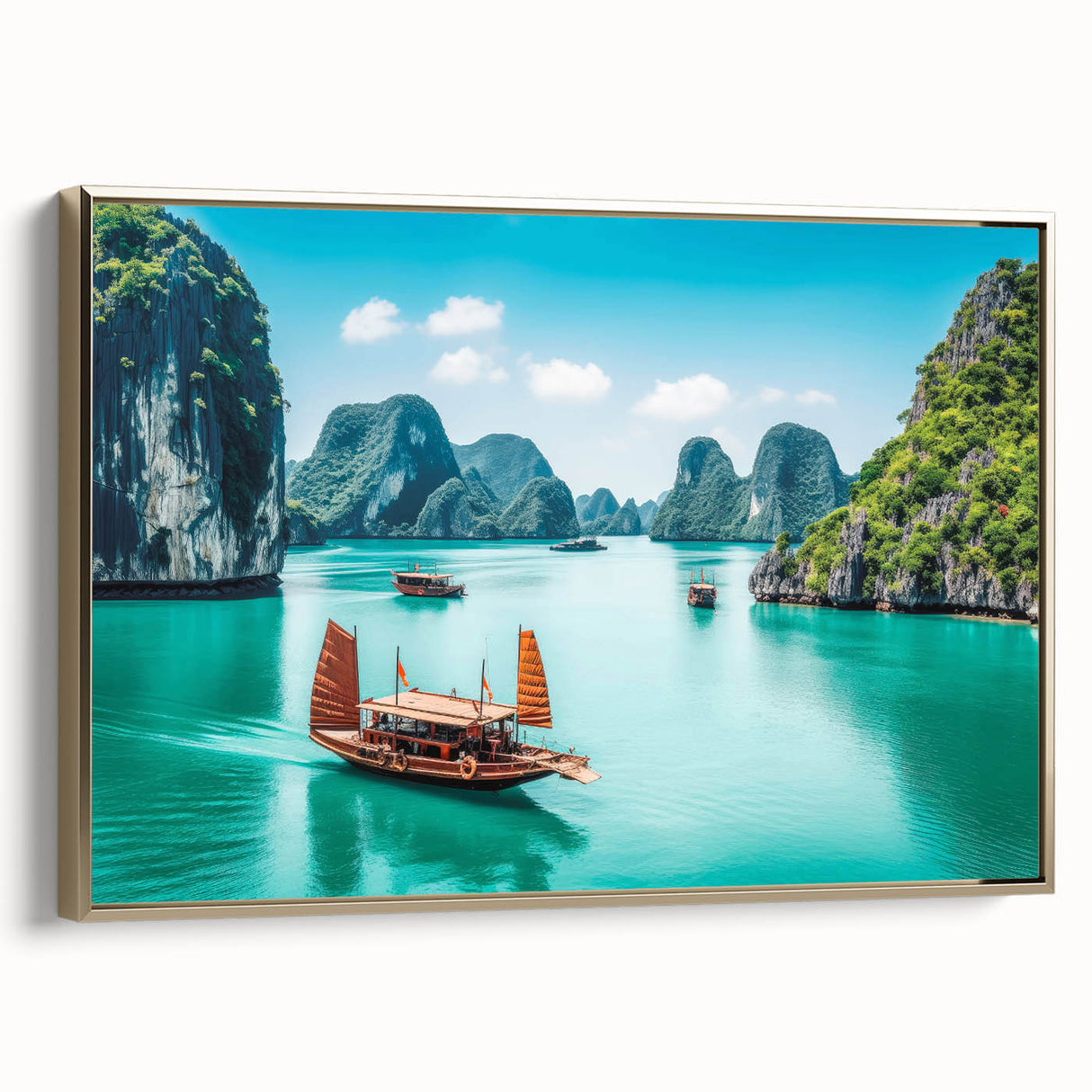 Framed canvas depicting a serene Vietnamese landscape in muted gold and black tones, ideal for bedroom wall art.