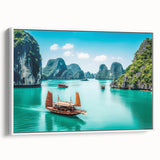 Vintage poster art of a Vietnamese landscape on framed canvas, featuring vibrant.