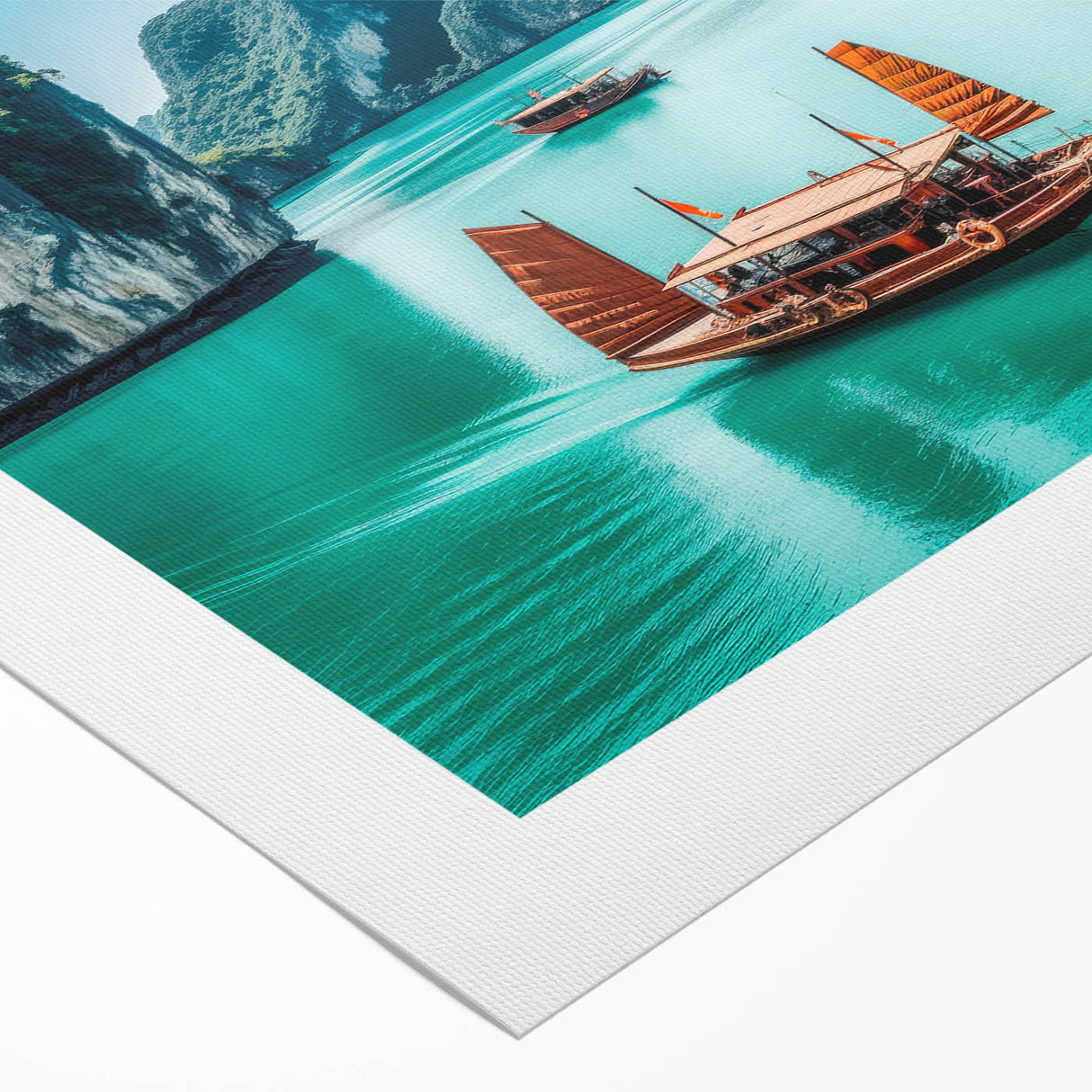 Art deco poster featuring a serene Vietnamese landscape in muted green and blue tones on rolled canvas.
