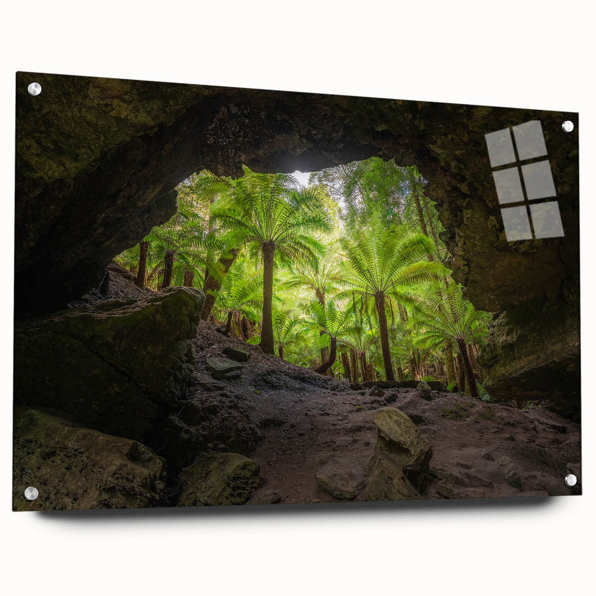 Acrylic print of a Tasmanian landscape in muted green and blue tones, ideal for bedroom or dining room decor.