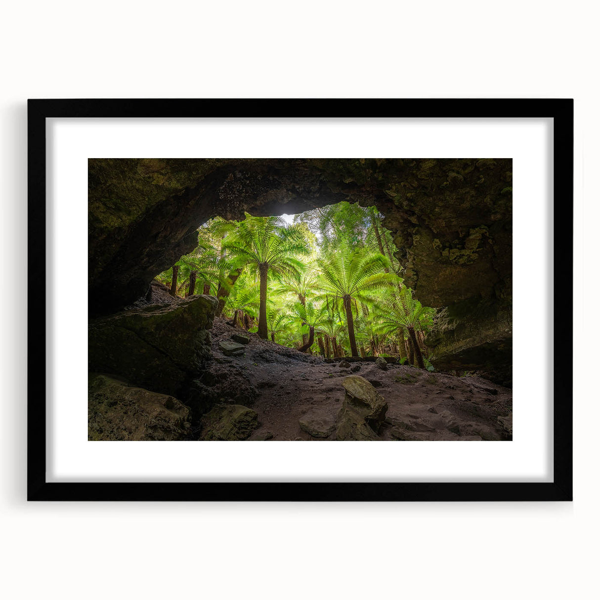 Extra large abstract art print featuring a textured, colorful depiction of Tasmania scenery on a framed black mat.