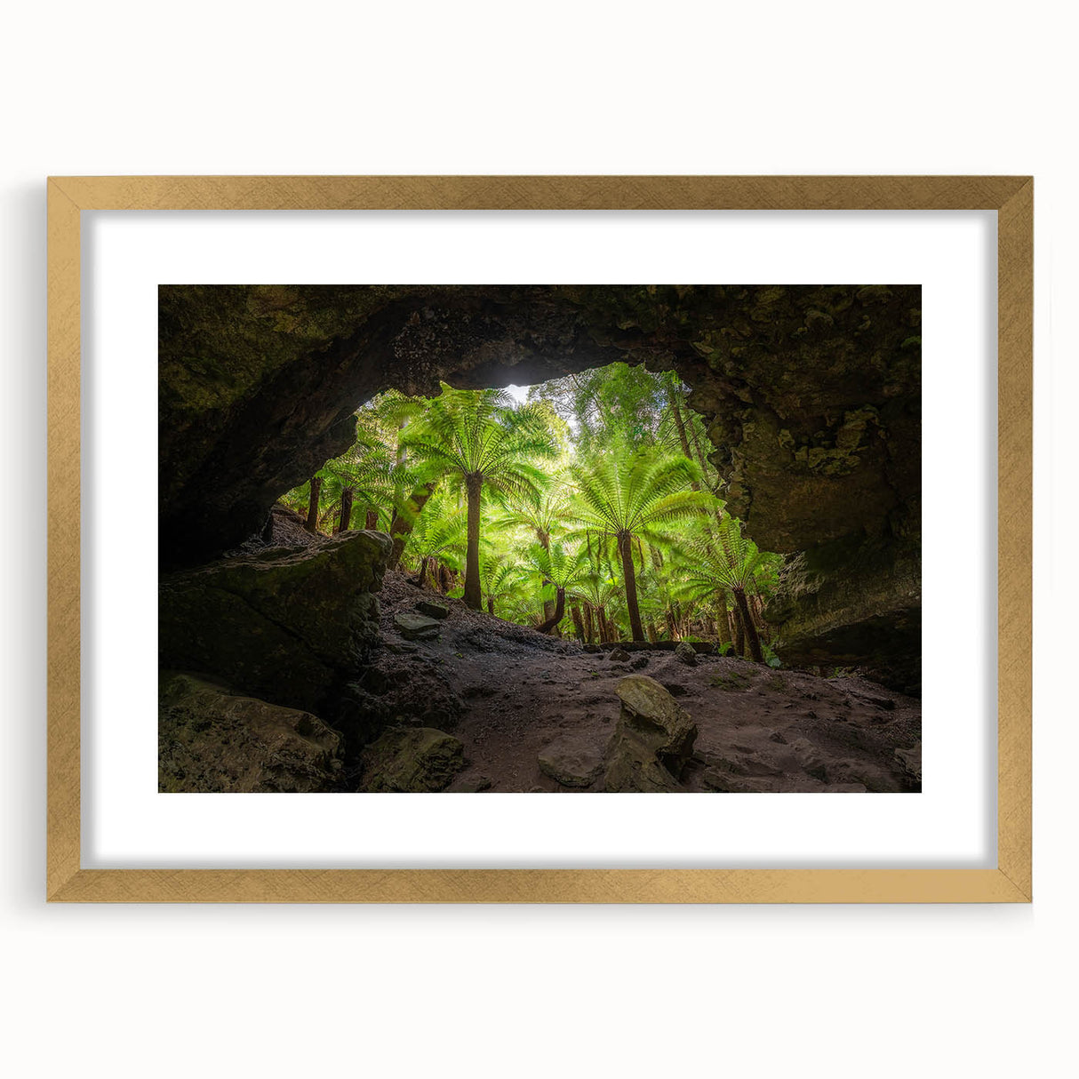 Abstract art print of Tasmania scenery in gold frame with mat, featuring muted earth tones, ideal for dining room decor.