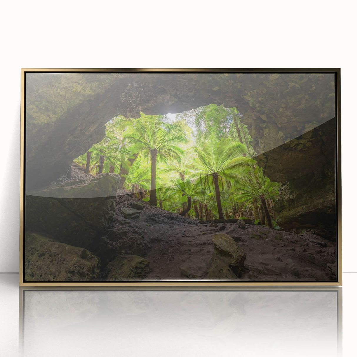 Art deco poster of Tasmania scenery in muted gold tones, acrylic framed print, suitable for modern nursery wall art.