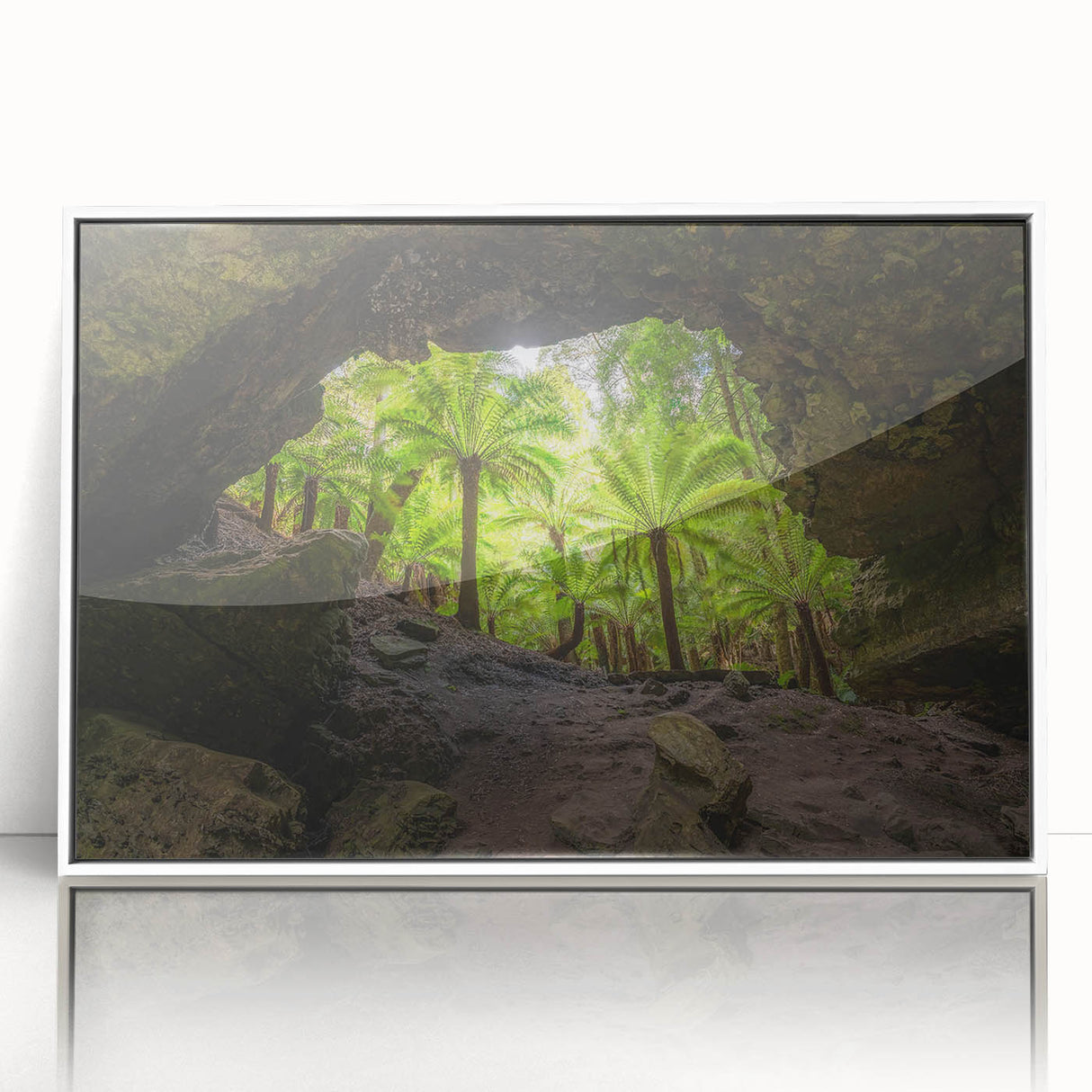 Mid-century modernist art depicting Tasmania scenery in muted earth tones on white-framed acrylic.