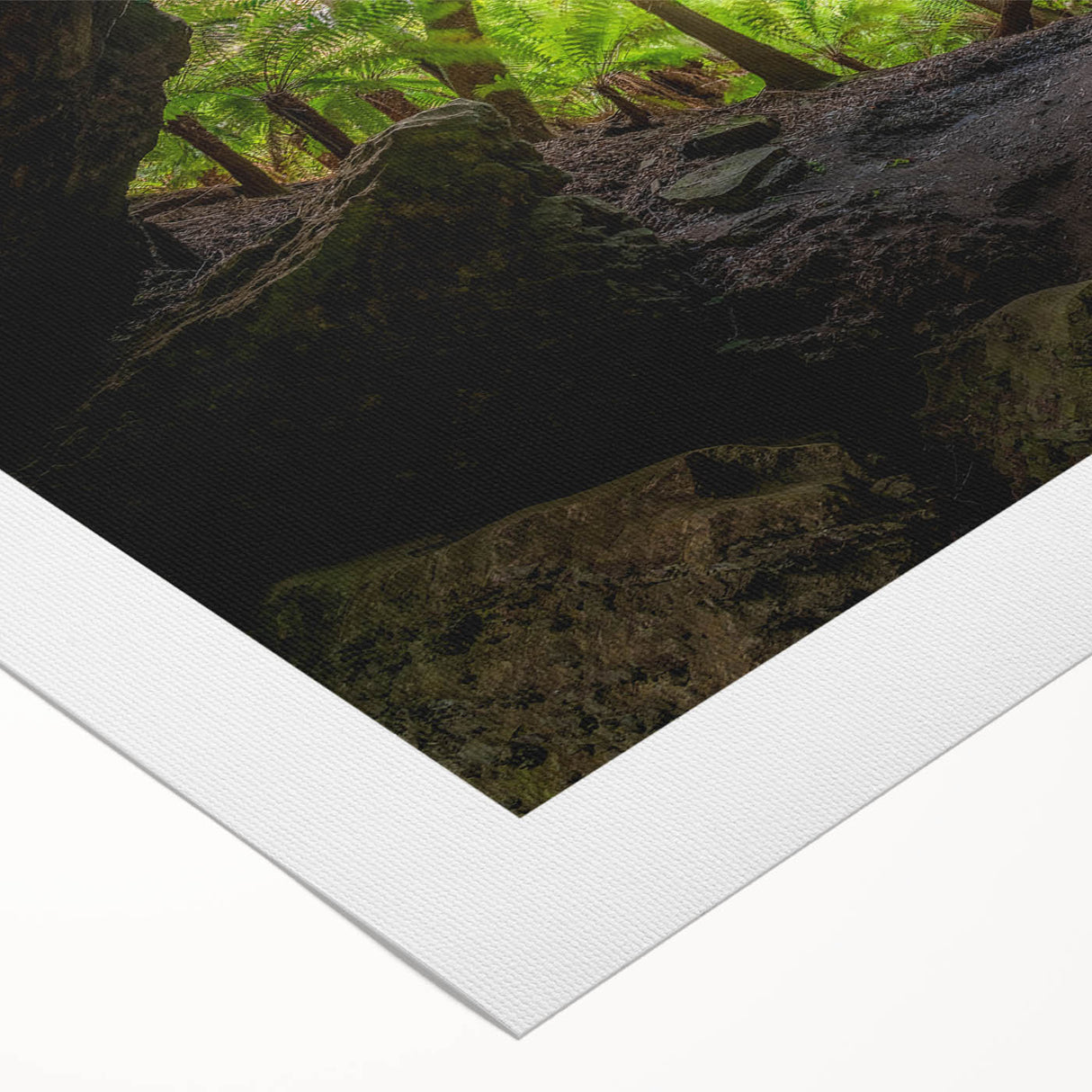 Art deco poster of Tasmania scenery in muted earth tones on rolled canvas, suitable for dining room wall art.