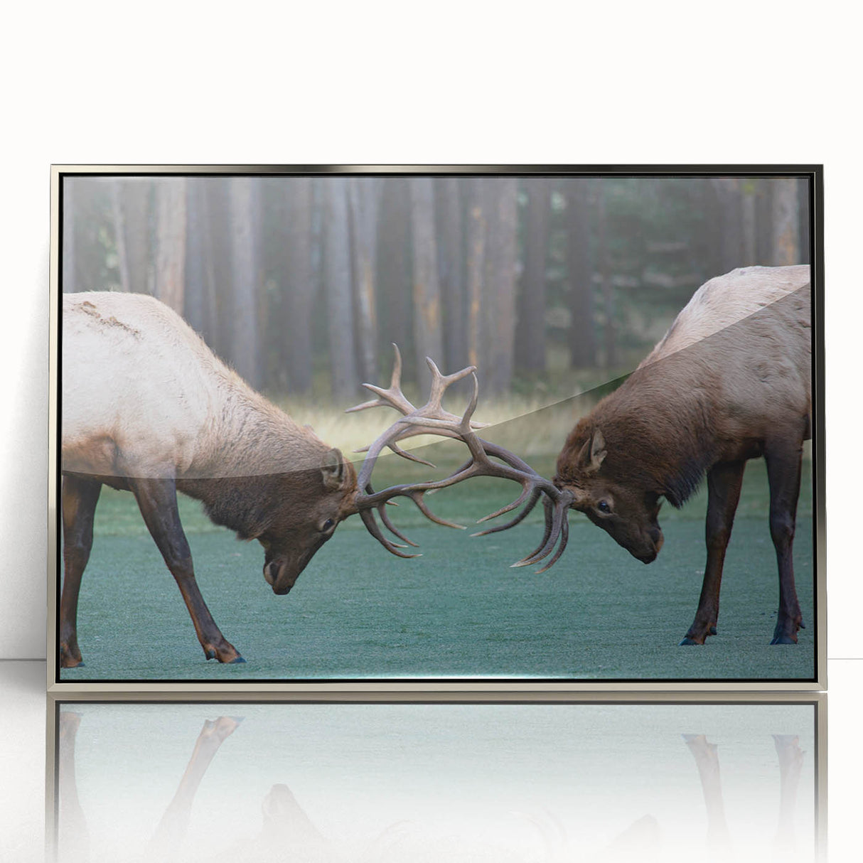 Mid-century modernist art depicting Alberta scenery in muted earth tones on a silver-framed acrylic print.