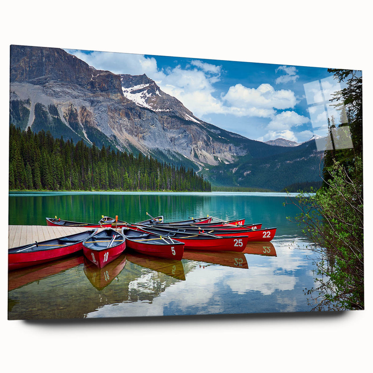Large abstract wall art print of a British Columbia landscape in muted greens and blues, acrylic on glass.