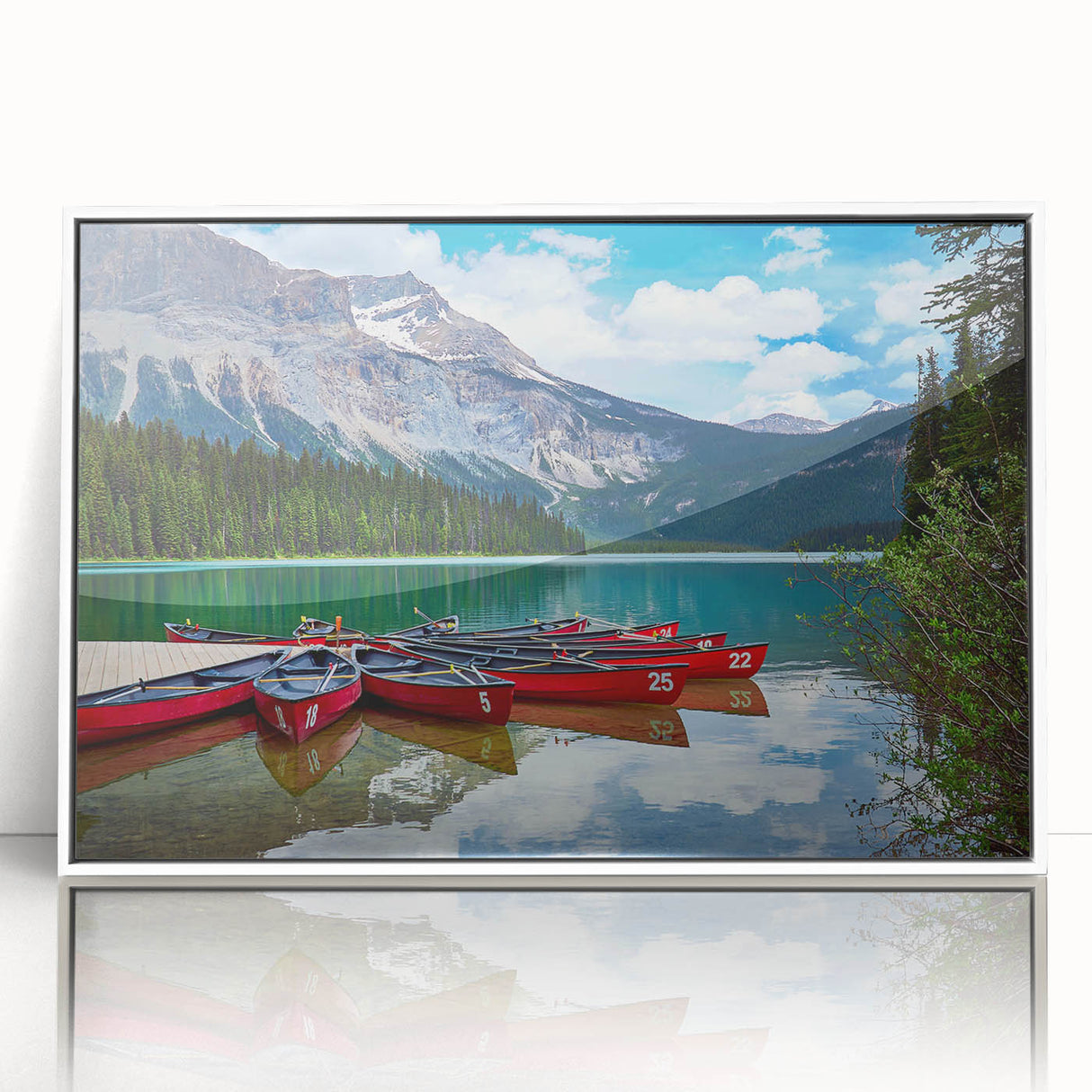 Art deco poster featuring a serene British Columbia landscape in muted green and blue tones, acrylic print in white frame.