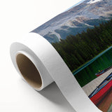 Art deco poster of British Columbia scenery in pastel shades on rolled canvas, ideal for nursery wall art.