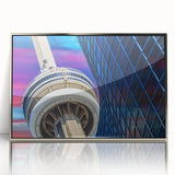 Mid-century modernist art depicting Ontario, Canada scenery in muted blue and green tones, framed acrylic.