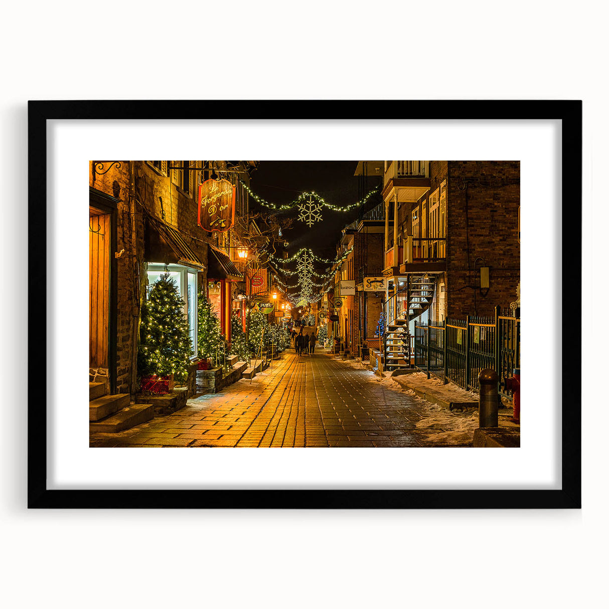 Abstract art print of a colorful Canadian Quebec scenery on textured canvas, framed in black, ideal for living room decor.
