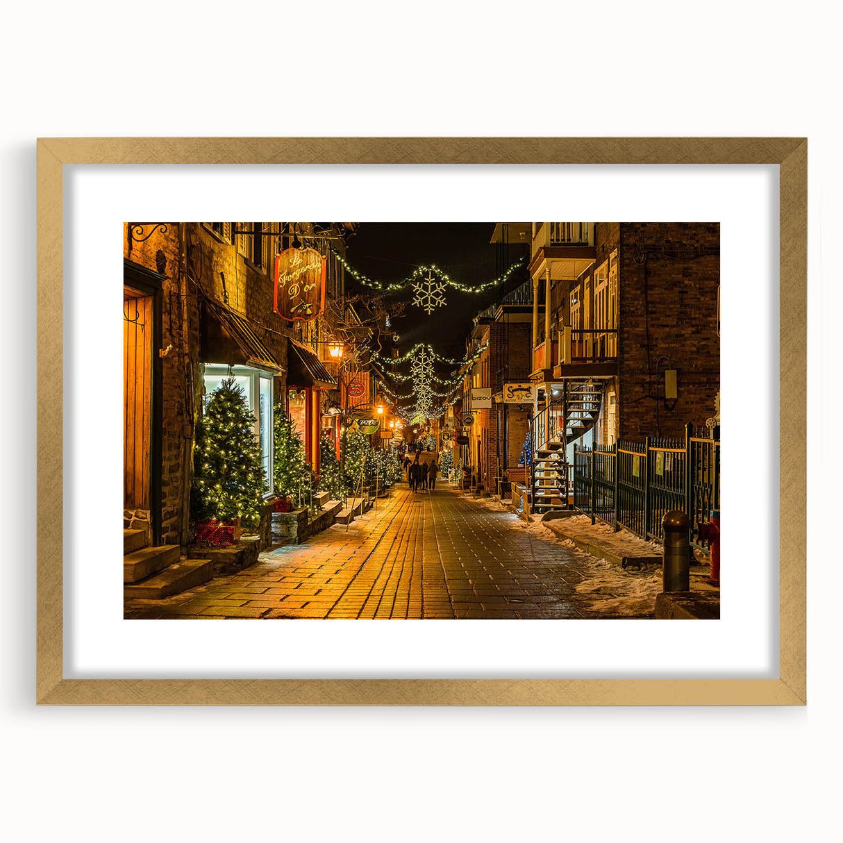 Extra large abstract art print featuring textured scenery of Quebec, in muted earth tones, framed in gold.