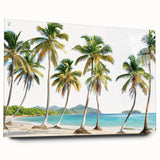 Acrylic print of a Caribbean beach scene in soft blue and sandy hues, ideal for dining room art.