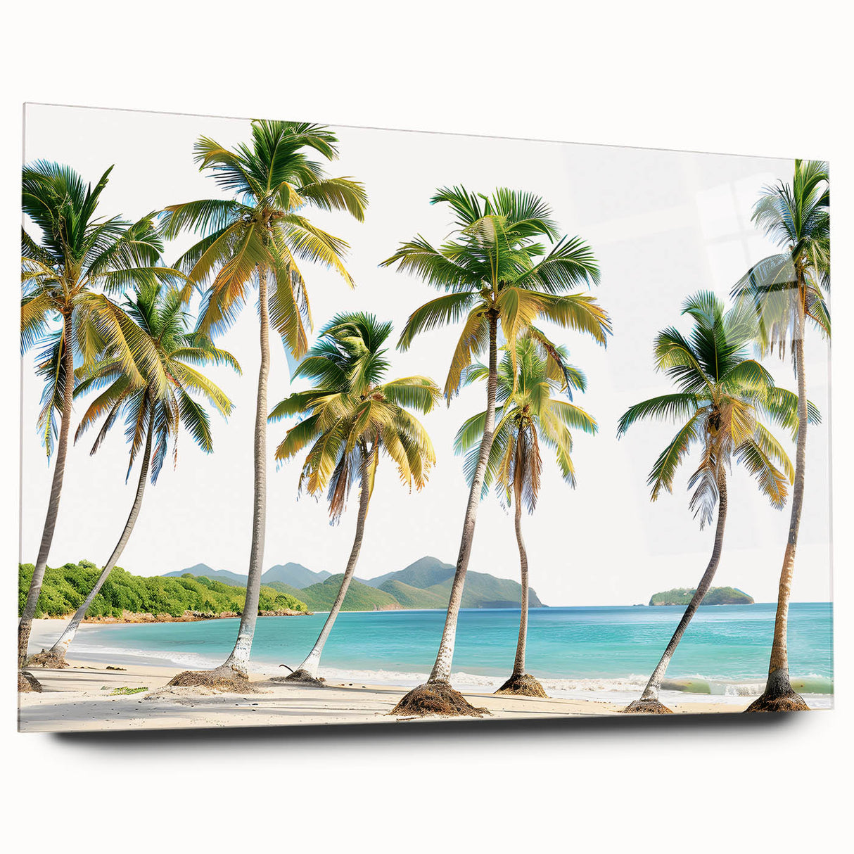 Large abstract wall art depicting Caribbean scenery in vibrant blue and green tones on acrylic glass.