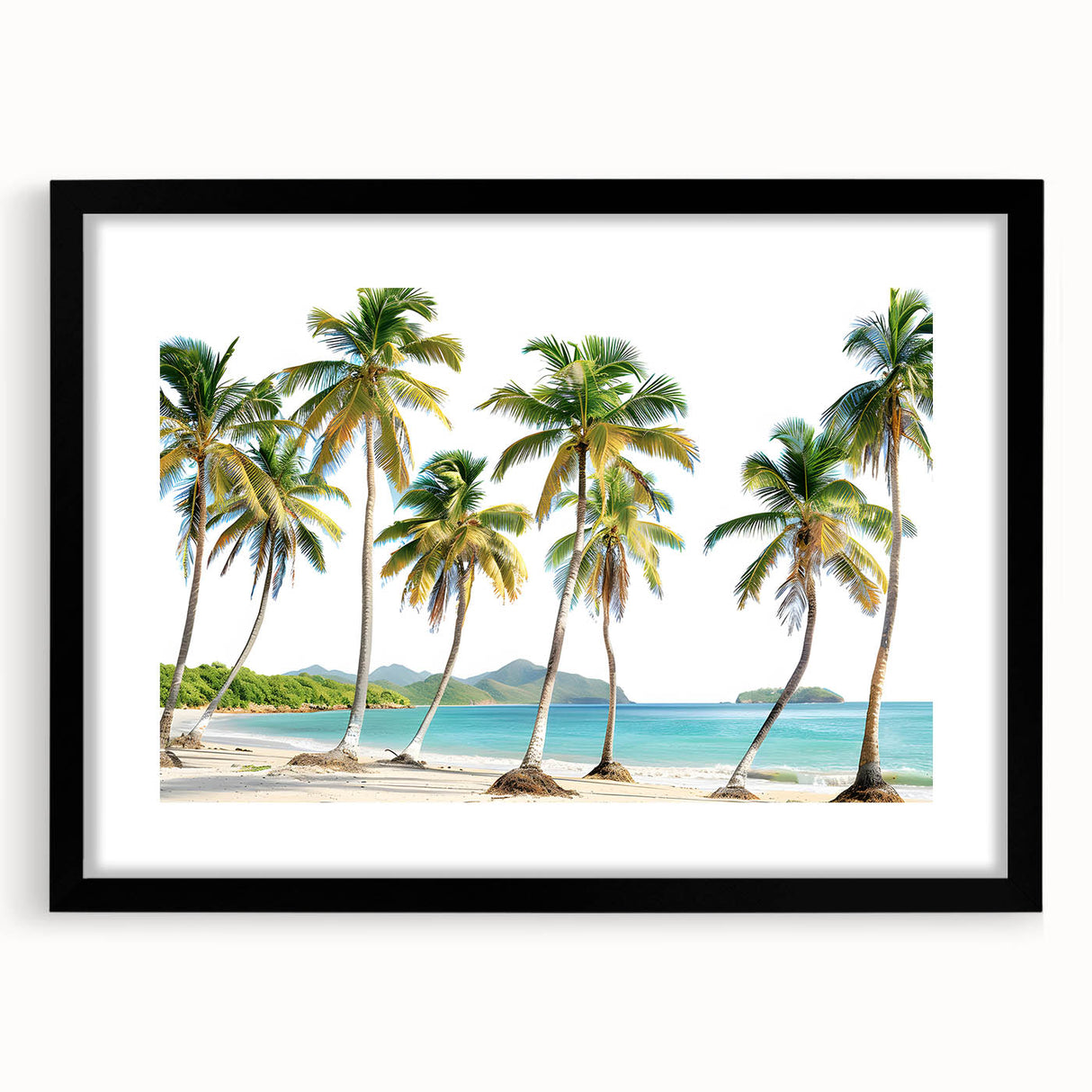 Extra large abstract art print depicting a colorful Caribbean scenery on a textured canvas, framed in black.