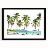 Extra large abstract art print depicting a colorful Caribbean scenery on a textured canvas, framed in black.