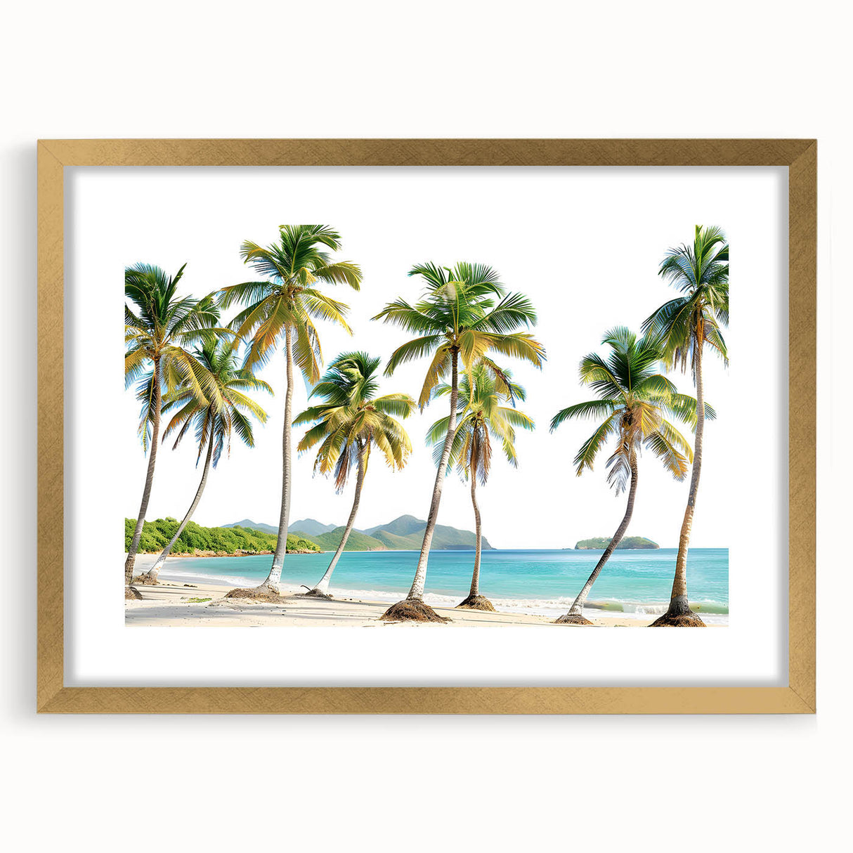 Abstract art print of Caribbean scenery in muted blue and green tones on a framed canvas, suitable for dining room decor.