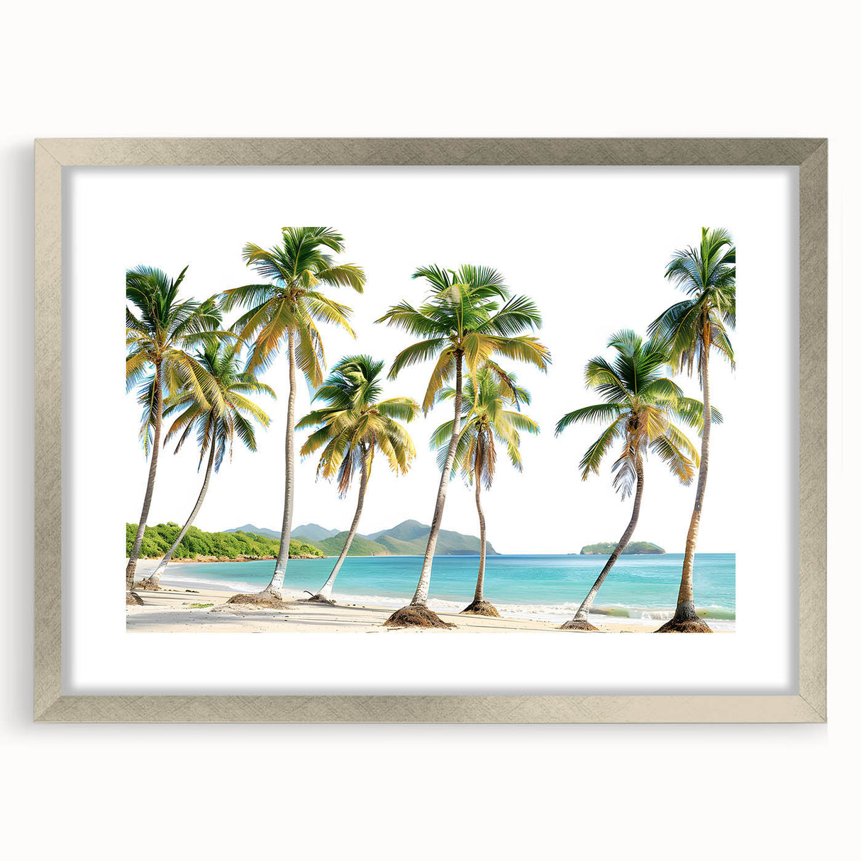 Extra large wall art depicting an abstract Caribbean scenery in textured blues and greens, framed in silver.