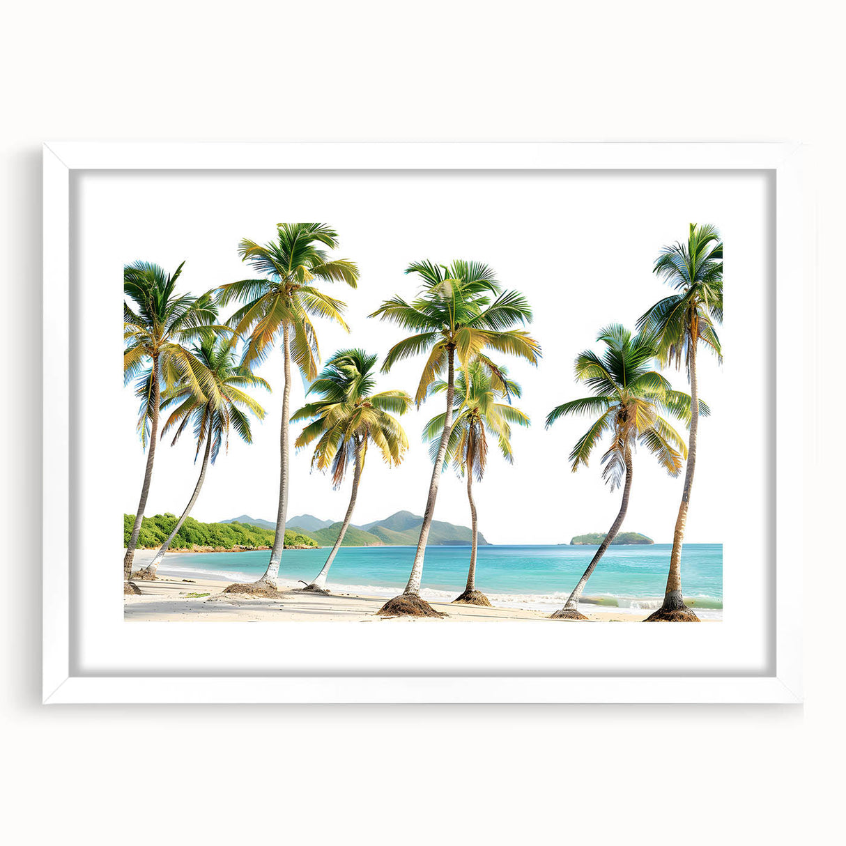 Textured abstract art print of Caribbean scenery in pastel shades on a white framed canvas, suitable for bedroom art.