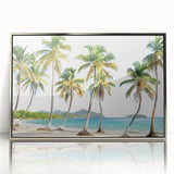 Framed acrylic print of a Caribbean scenery in Antigua with vibrant blue and green tones, ideal for modern art wall decor.