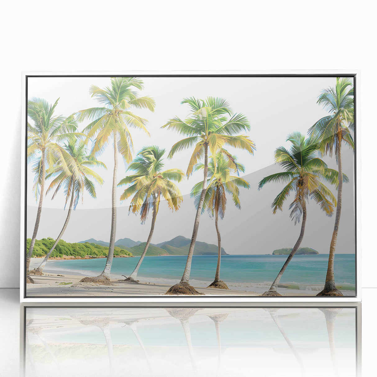 Mid-century modernist Caribbean scenery in muted pastel shades on a framed acrylic, ideal for nursery wall art.