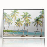 Mid-century modernist Caribbean scenery in muted pastel shades on a framed acrylic, ideal for nursery wall art.