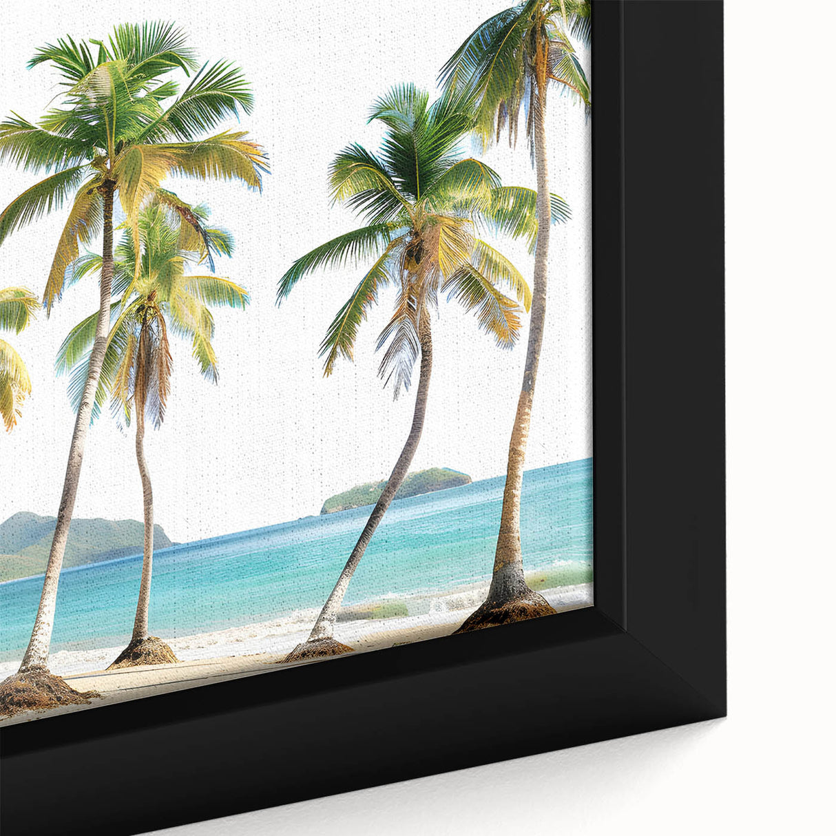 Extra large framed canvas featuring a textured, colorful Caribbean scenery, ideal for living room decor.