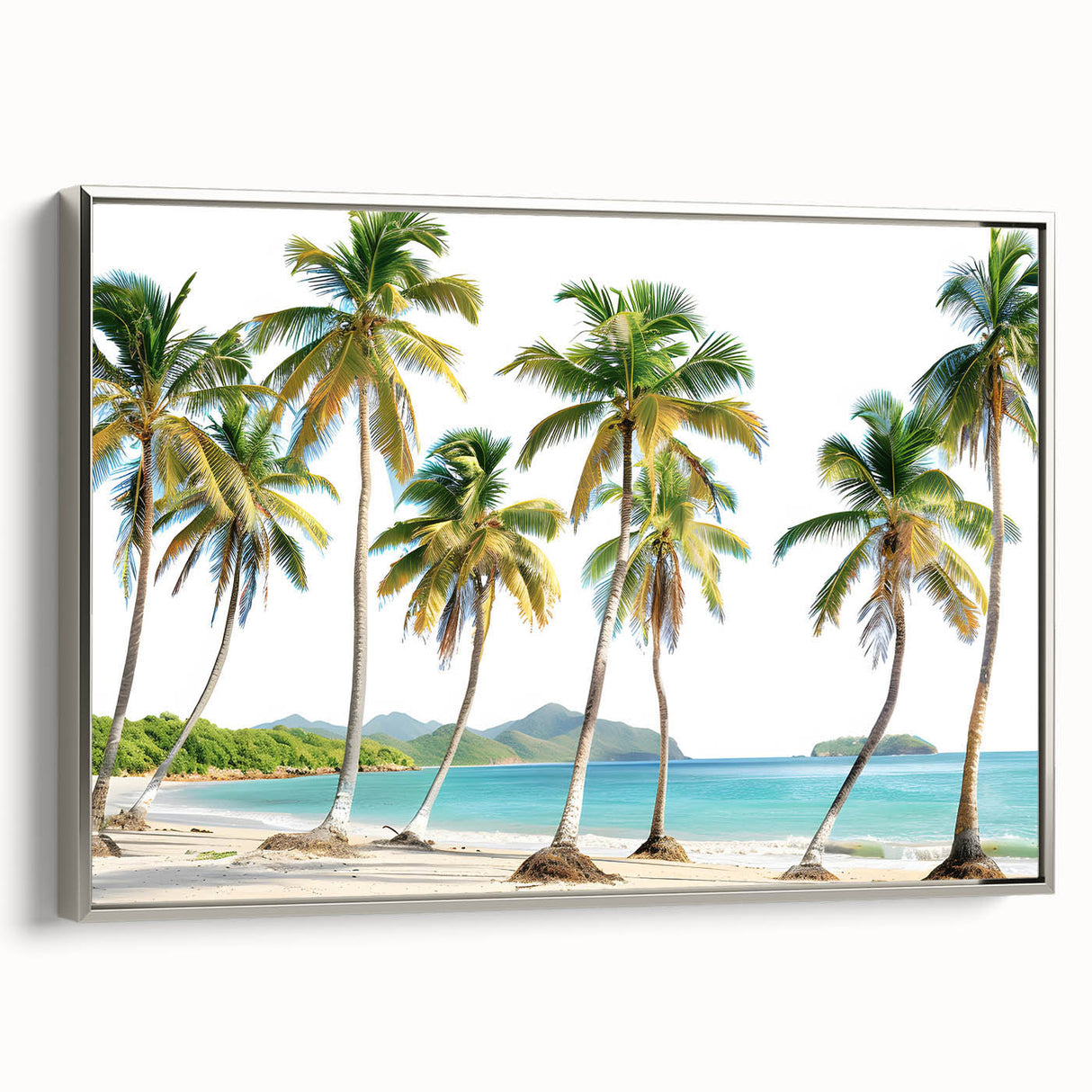 Framed canvas wall art depicting a Caribbean landscape in muted blues and greens, ideal for bedroom decor.