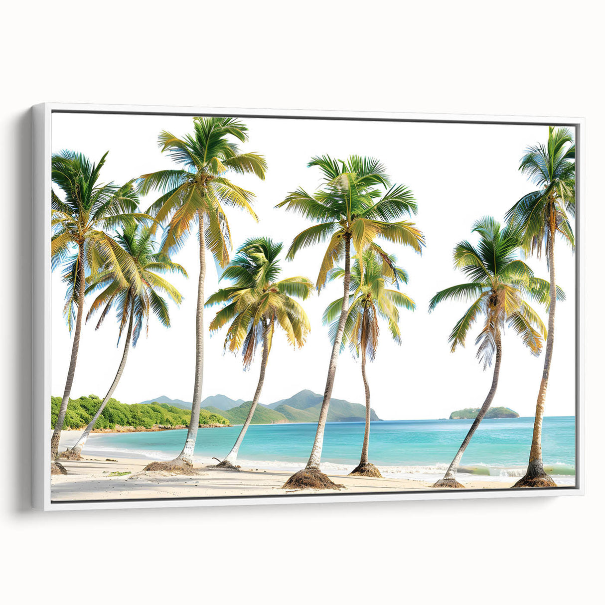 Framed canvas of a vintage Caribbean landscape painting with vibrant blue and green tones, ideal for living room decor.
