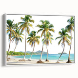Framed canvas of a vintage Caribbean landscape painting with vibrant blue and green tones, ideal for living room decor.
