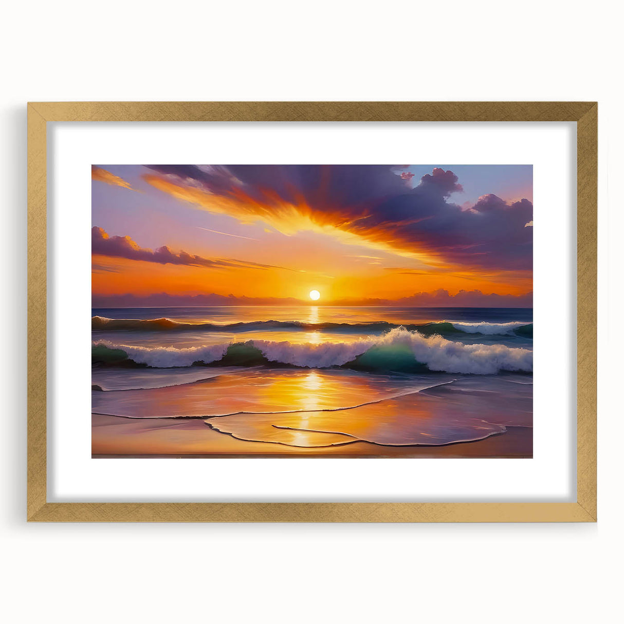 Abstract art print featuring Caribbean scenery in gold frame with mat, ideal for dining room decor.