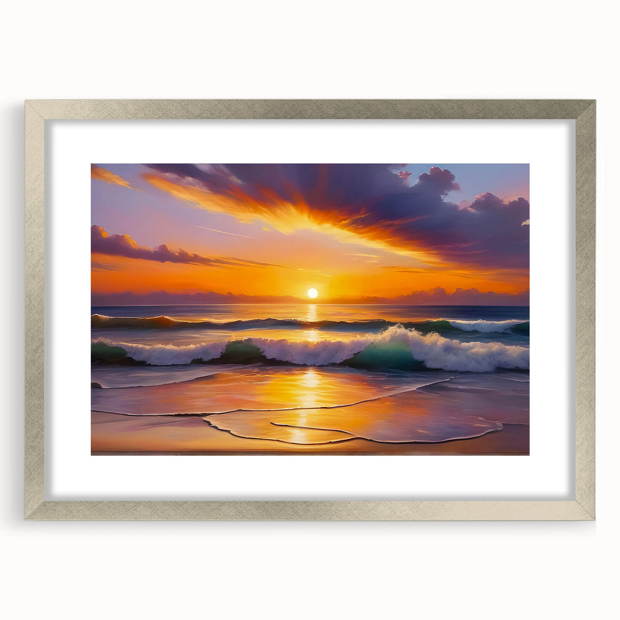Extra large abstract art print of a Caribbean scenery in muted blue and green tones, framed in silver.