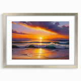 Extra large abstract art print of a Caribbean scenery in muted blue and green tones, framed in silver.