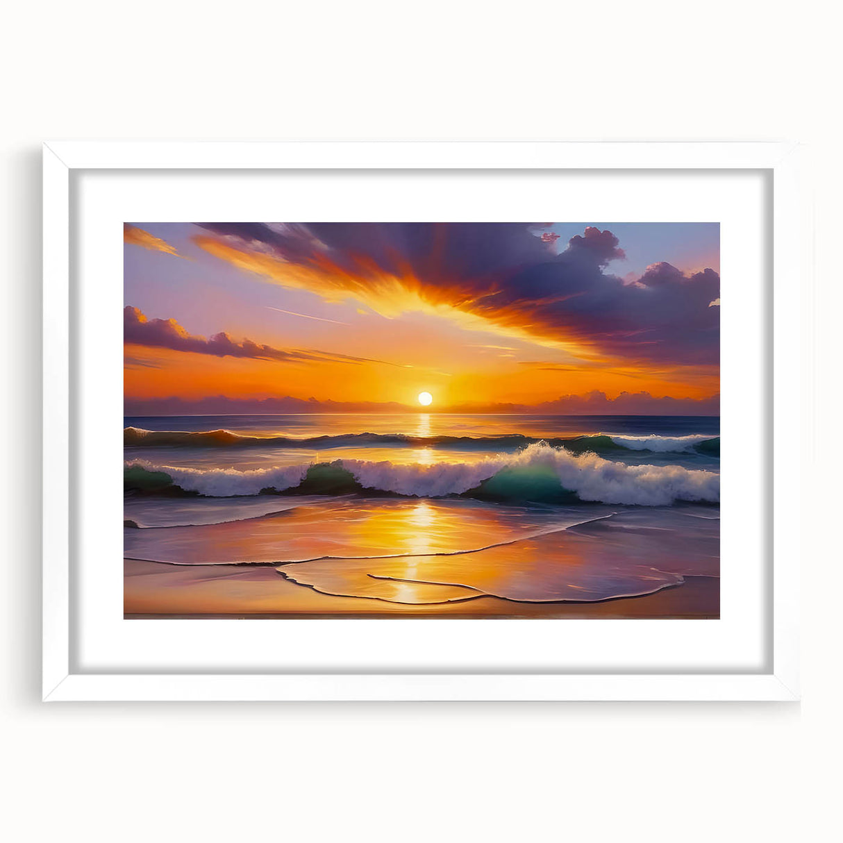 Textured abstract art print of Caribbean scenery in muted blue and green, framed with a white mat.