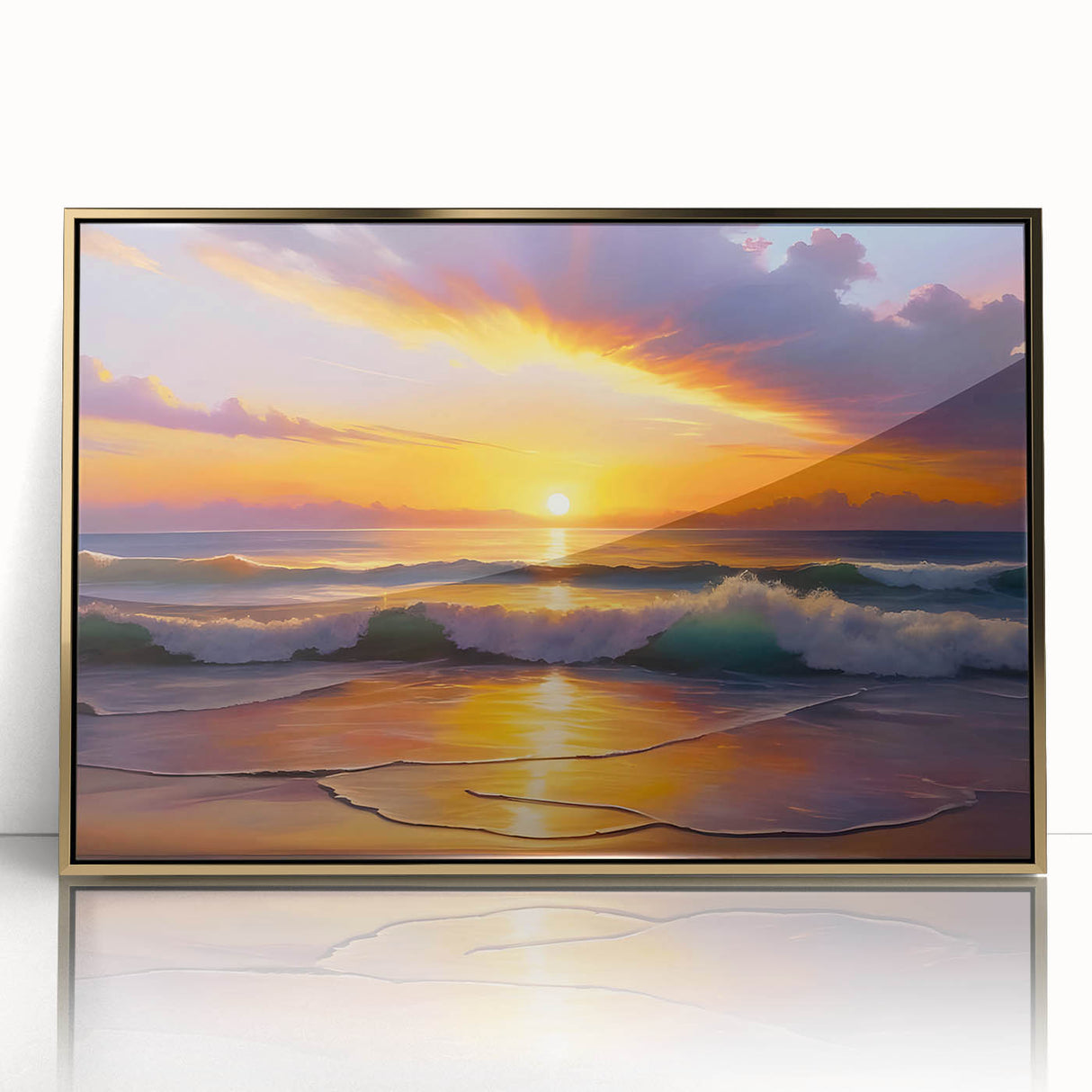 Art Deco style poster of a Caribbean scenery with vibrant blue and gold tones on a framed acrylic.