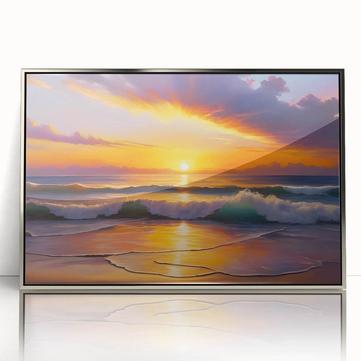 Acrylic print of a Caribbean beach scene in pastel shades, framed in silver, suitable for modern art wall decor.