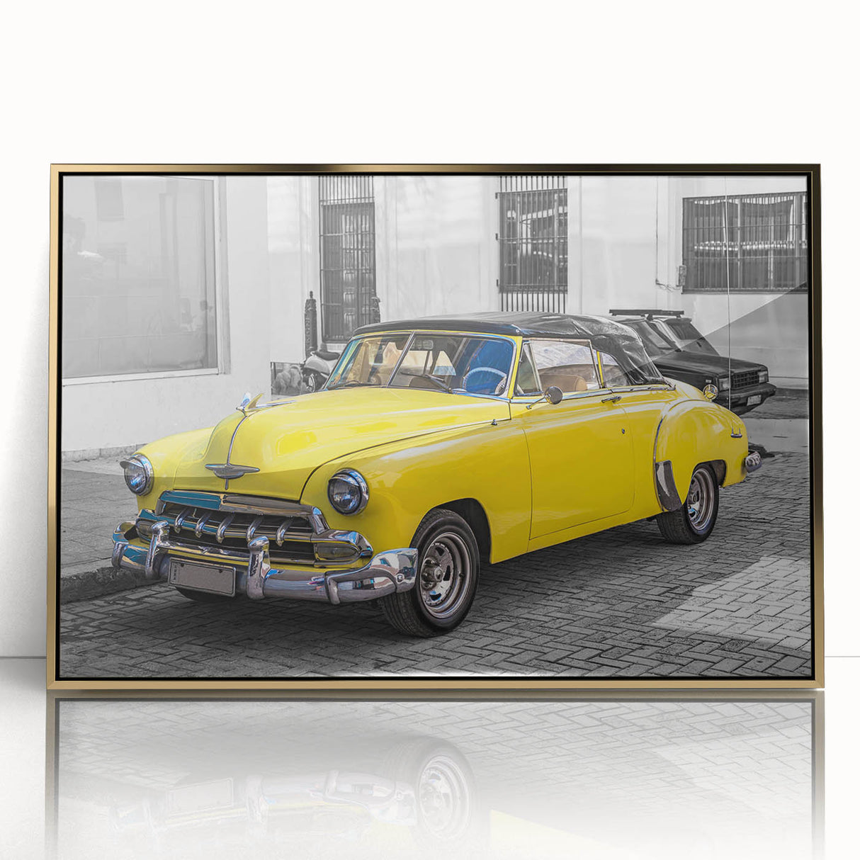Art Deco style poster featuring a vintage Caribbean scene in muted gold and blue tones, acrylic framed.