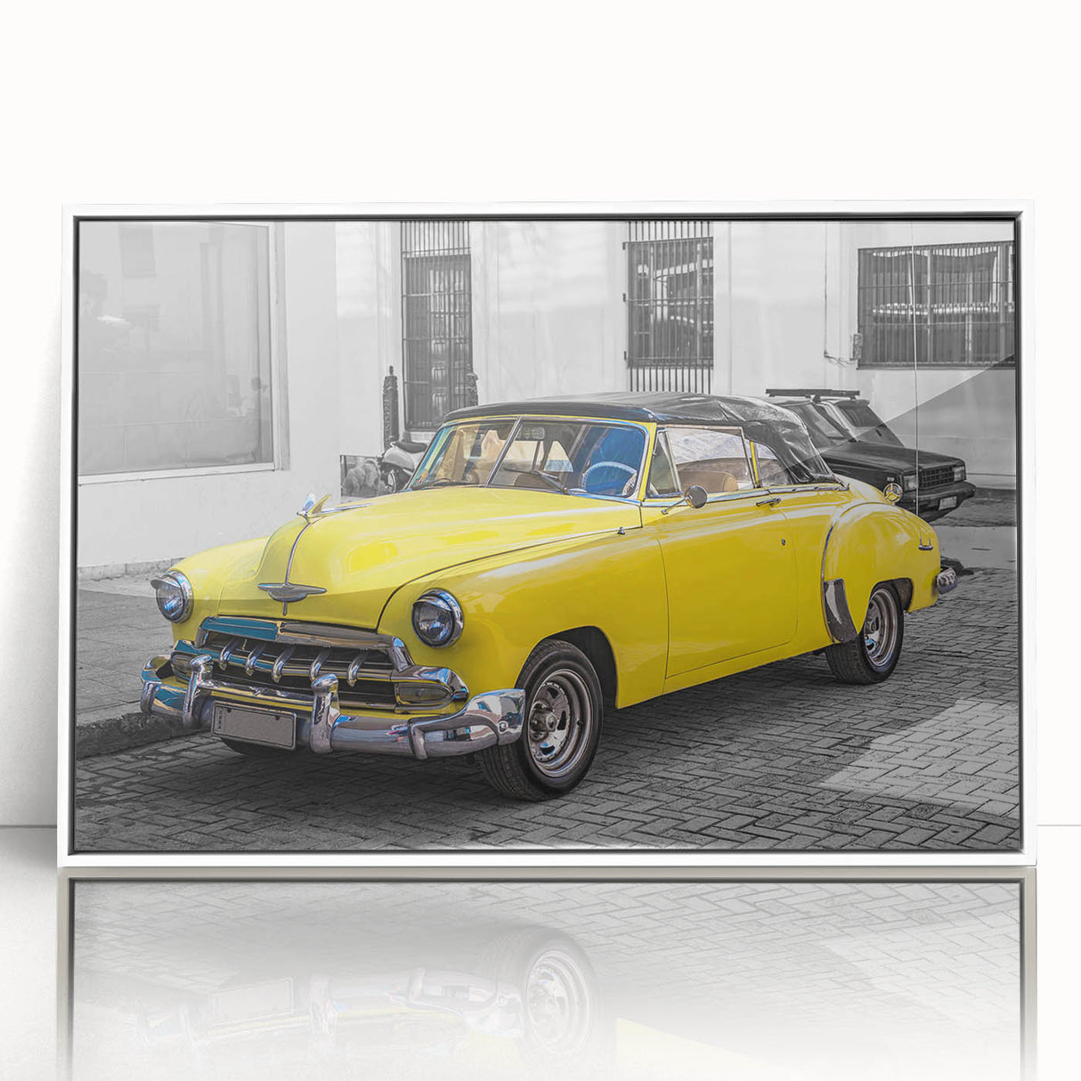 Mid-century modernist art depicting a Caribbean scene in vibrant blues and greens on a white acrylic framed print.
