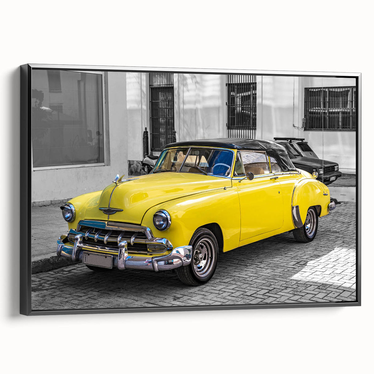 Black and white framed canvas of a vintage Cuban landscape, ideal for bedroom wall decor.