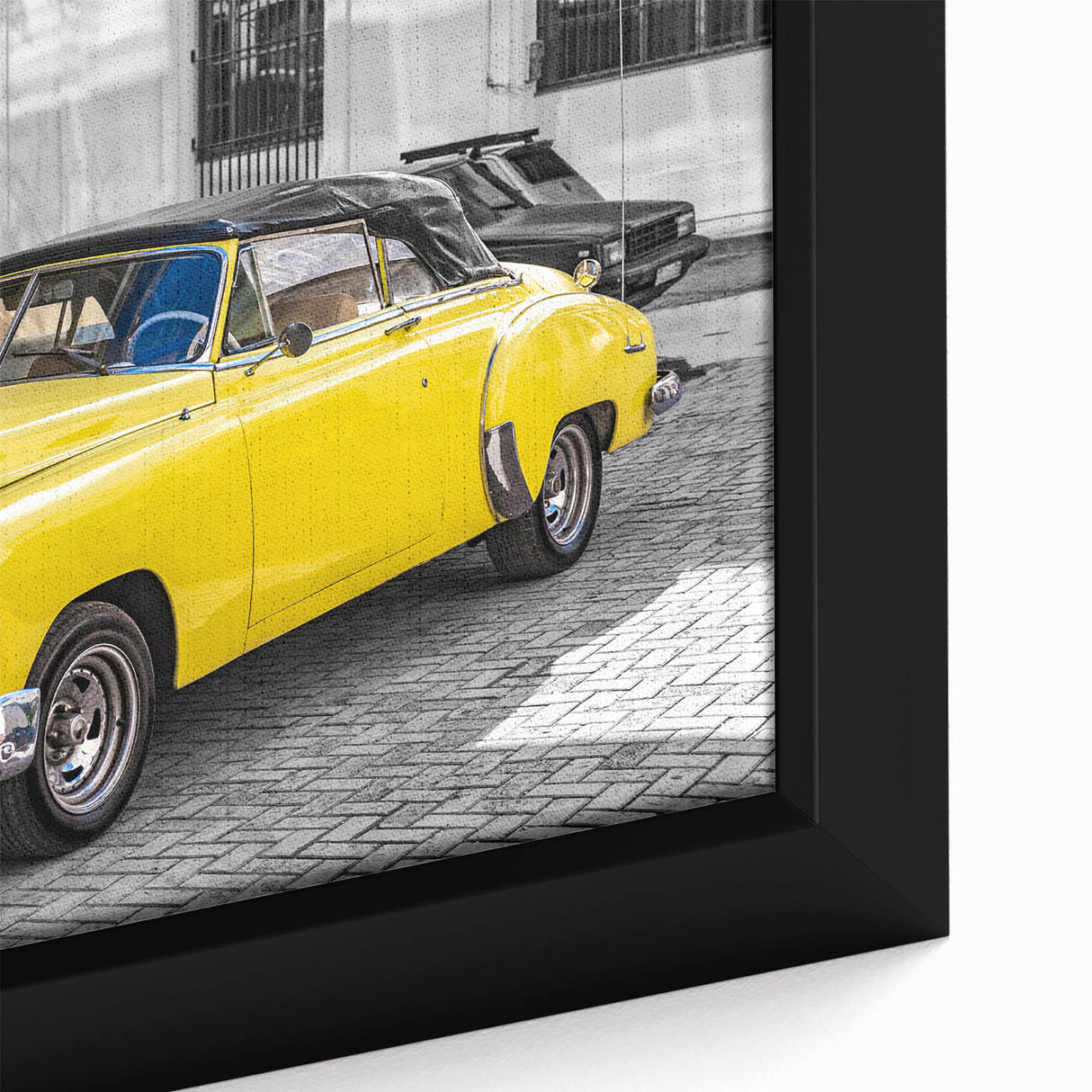 Black wall art featuring a textured, colorful Caribbean Cuban scenery on a framed canvas, ideal for living room decor.