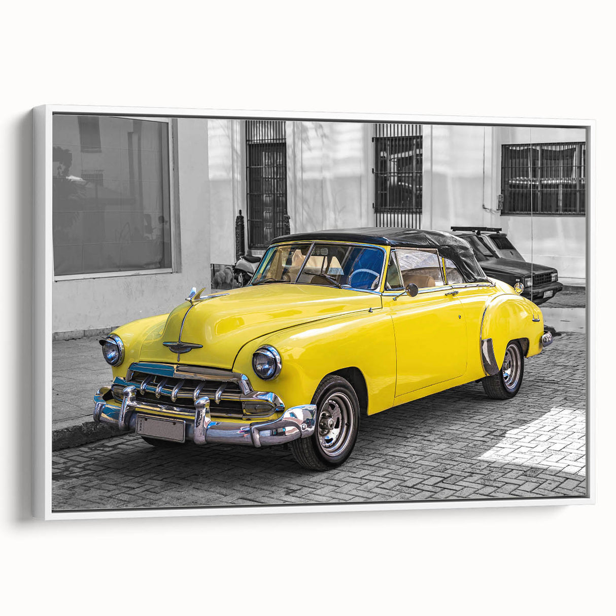Vintage poster art of a Caribbean Cuban scenery on framed canvas, featuring vibrant colors against a black background.