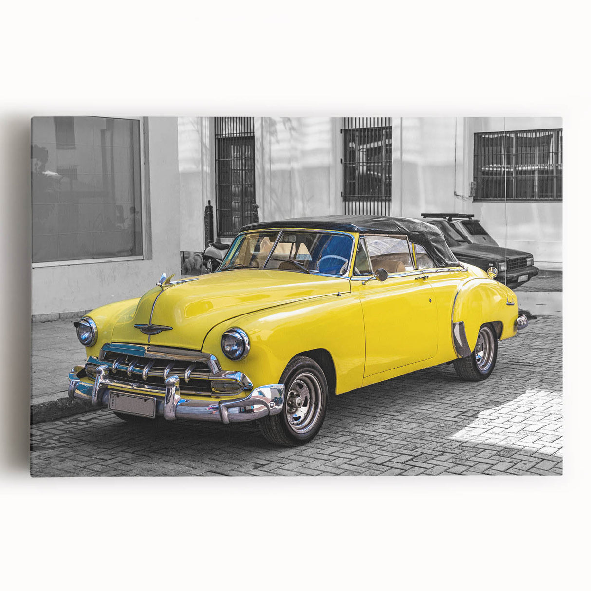 Black and white stretched canvas featuring a scenic Caribbean street, ideal for kitchen wall art or bedroom ambiance.