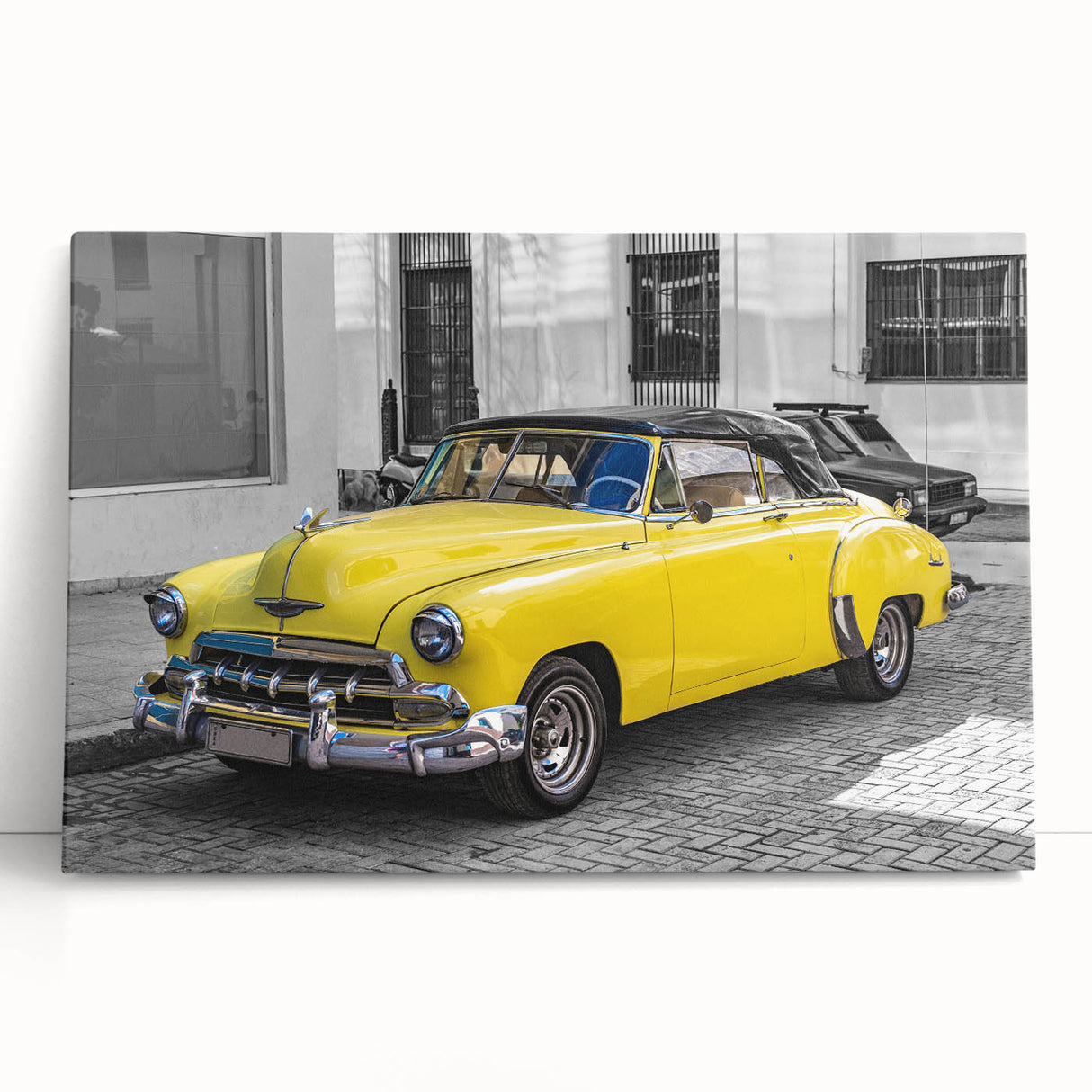 Black and white stretched canvas featuring a vintage Cuban street scene, ideal for kitchen wall art.