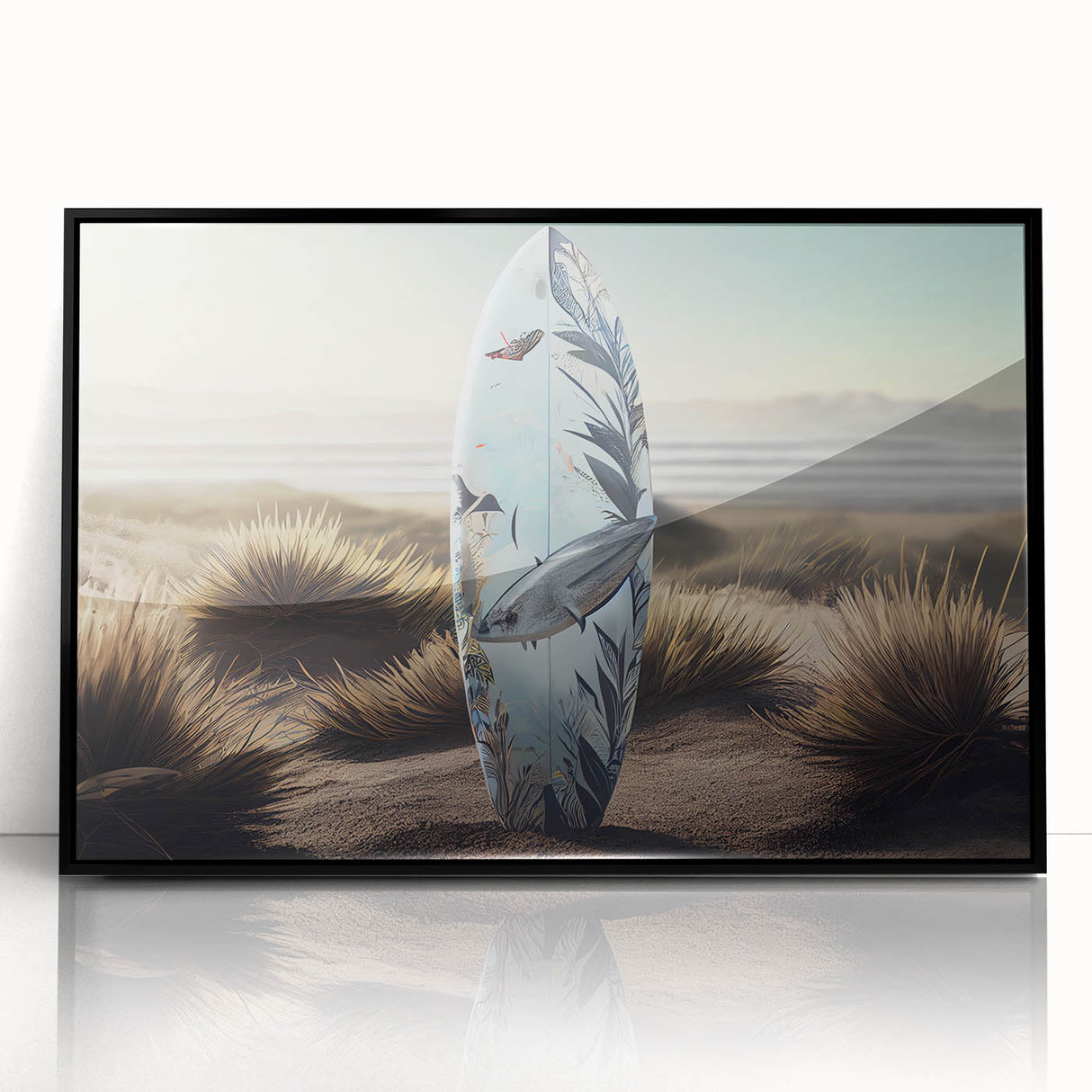 Large abstract wall art depicting a Caribbean scene, in vibrant blue and green tones, framed in black acrylic.